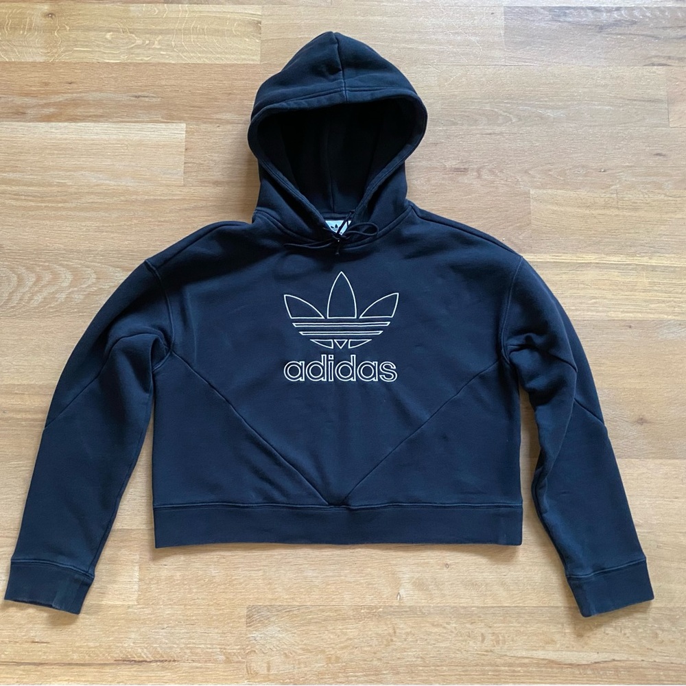 Adidas Women’s Cropped Long Sleeve Hooded Black Sweatshirt Size S Pullover